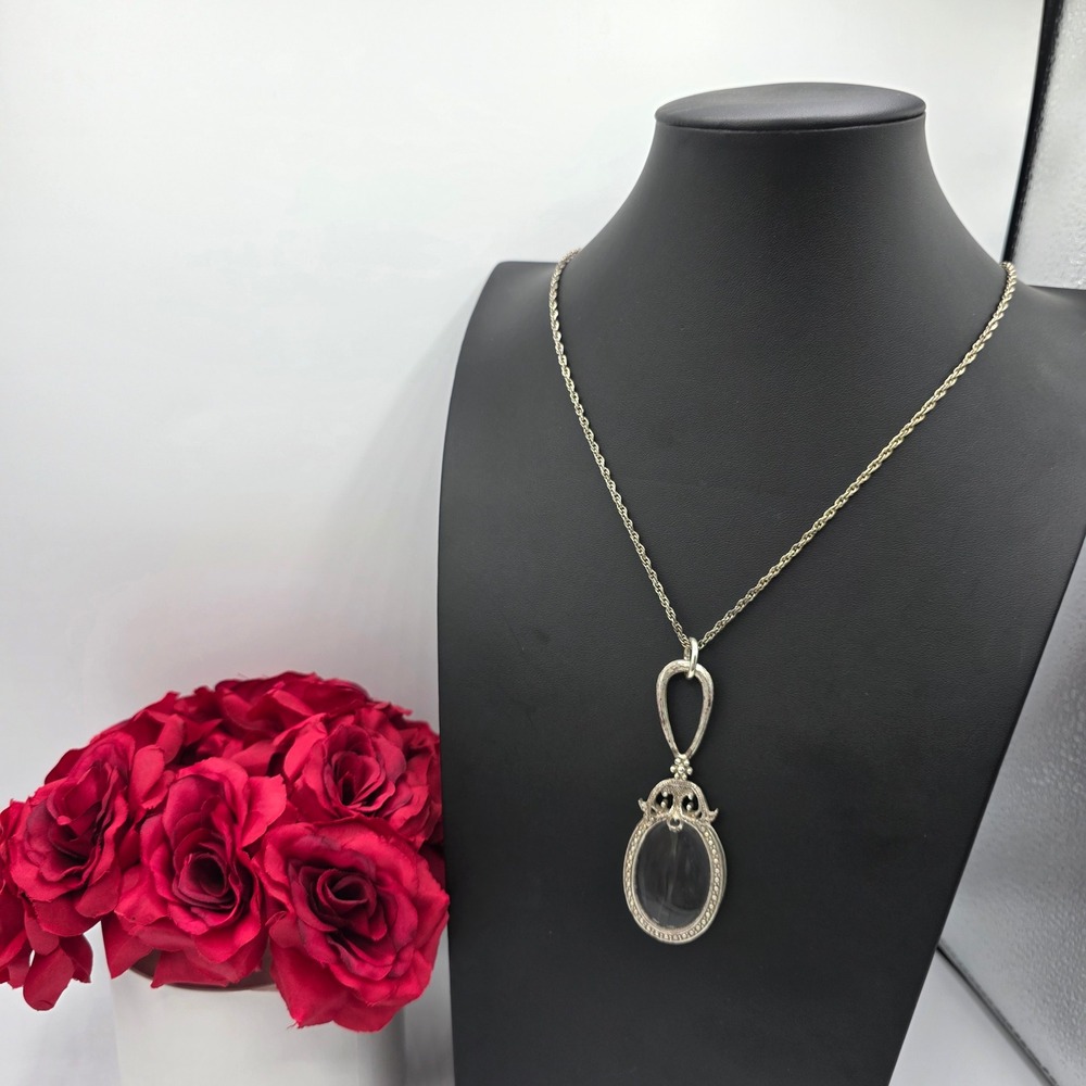 1928 Jewelry Co Silver Tone Magnifying Glass Pendant Necklace Filigree 34 Inch